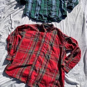 2 Vintage Nautica Flannel‎ Shirt Mens XL Red/Green Plaid Button Up Long Sleeve